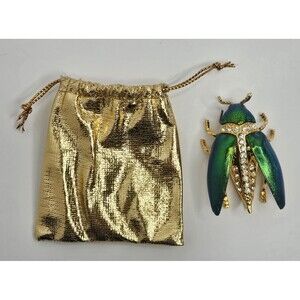 90s Vintage Cicada Bug Brooch Insect Green Gold Tone Pin Retro Jewelry 1.75"